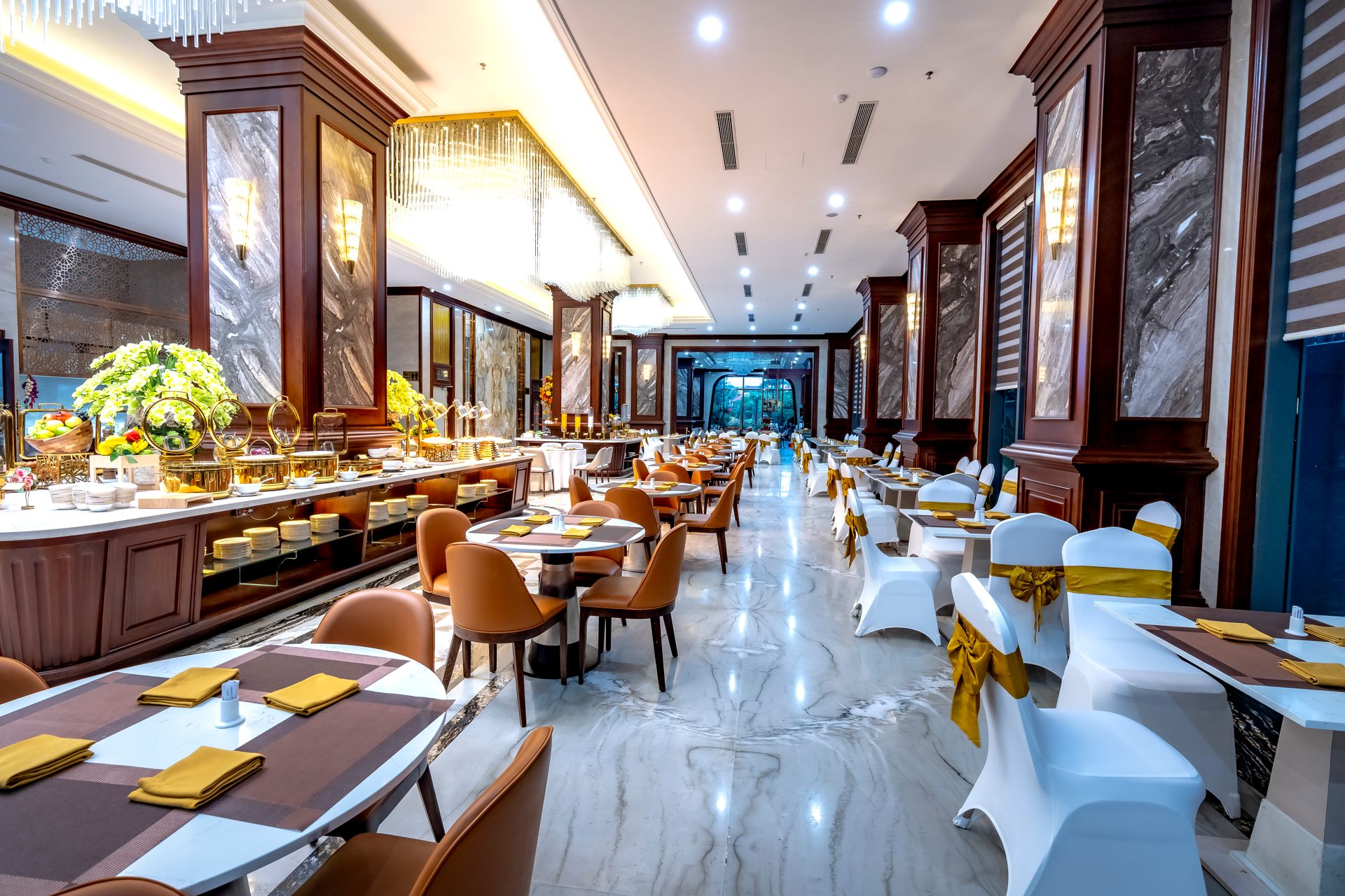 Elegant luxury event ballroom with fine dining setup
